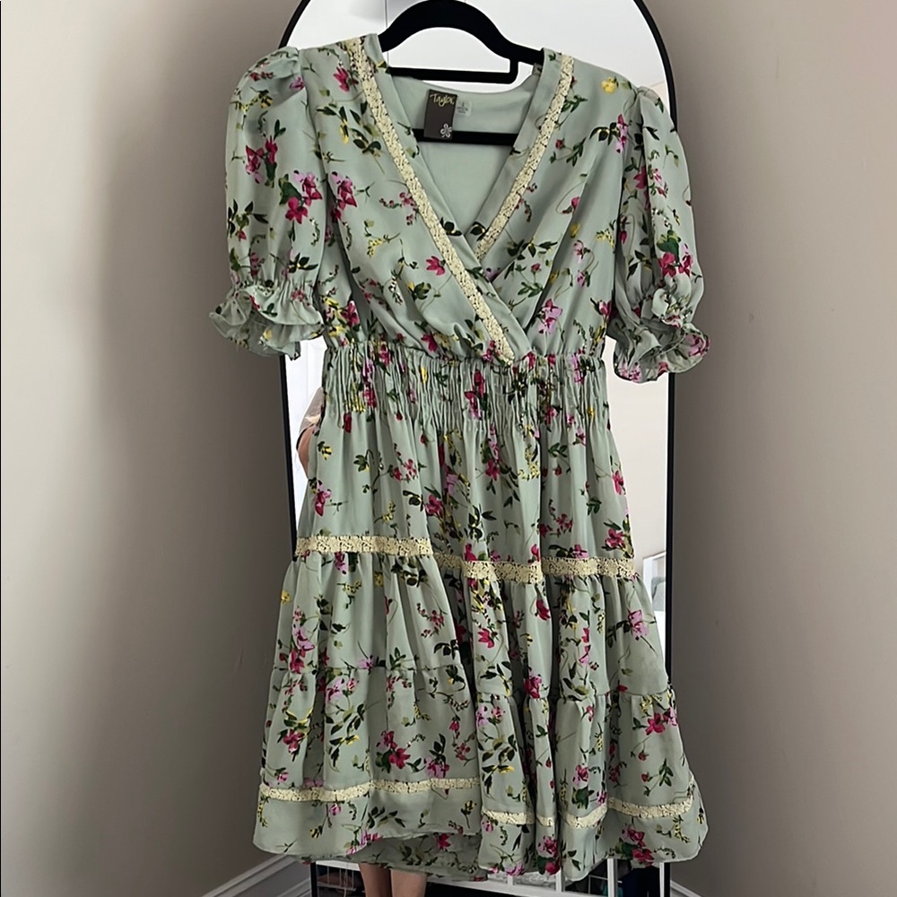 Taylor Green Wrap Sundress with Puff Sleeves
